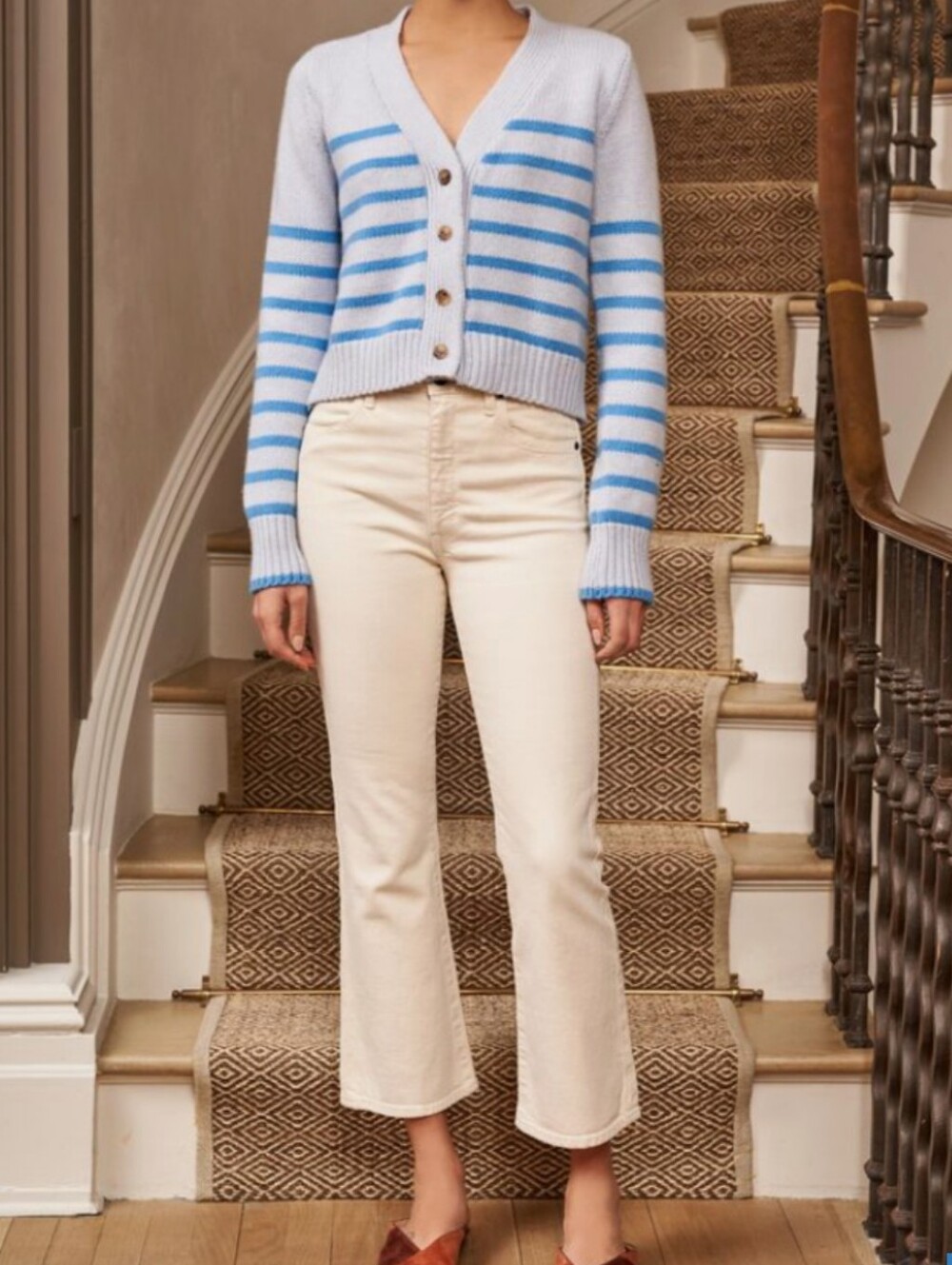 LA Ligne Mini Marin Striped Cardigan Wool Cashmere Blue Buttons Chunky Crop M - Picture 3 of 16